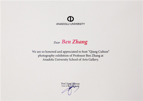 安纳托鲁大学美术学院为张�副教授颁发的“羌族文化”展证书